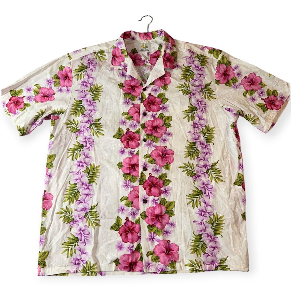 HO ALOHA Hawaiian Shirt, White/Pink/Purple, VTG, Cotton, Women's XL
